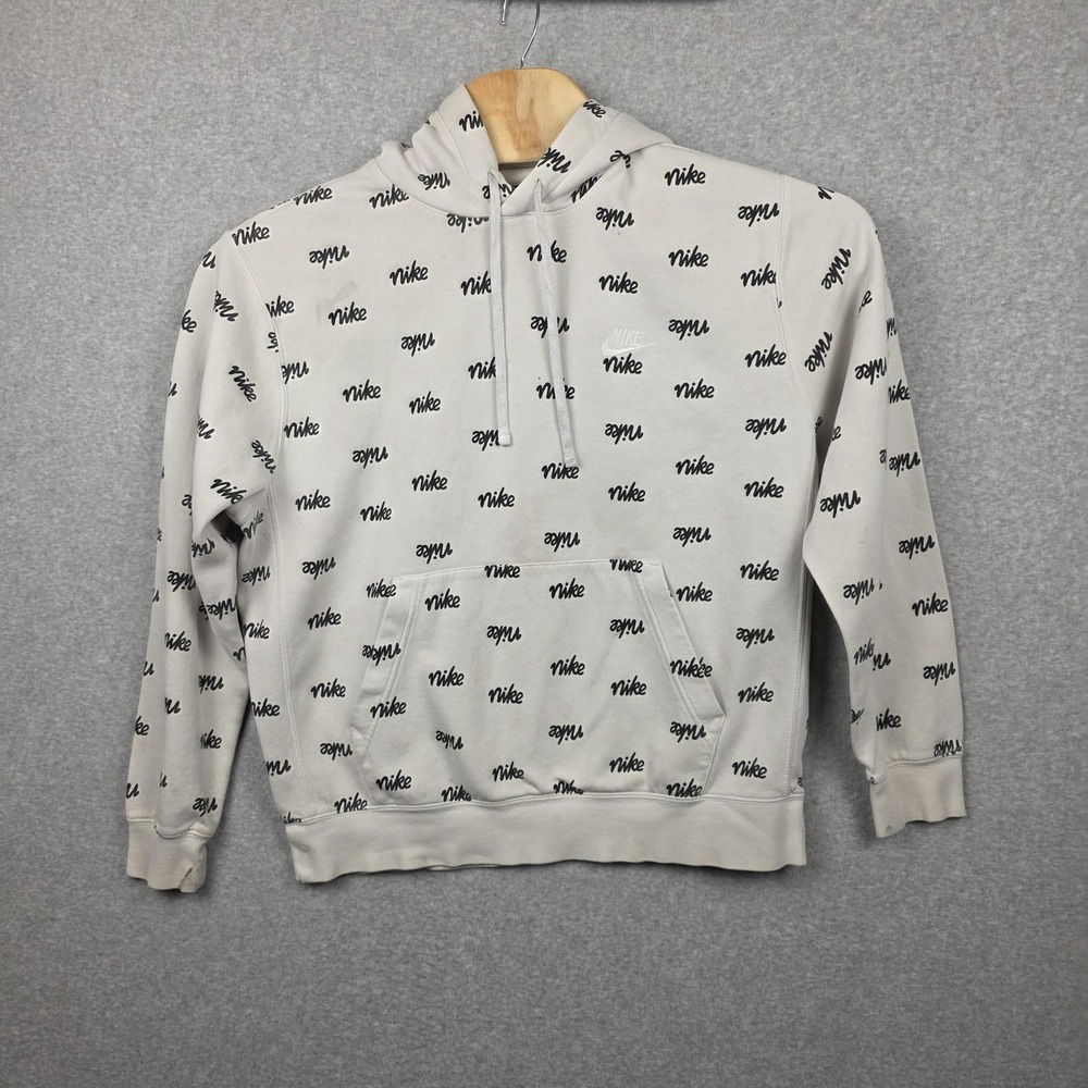 Nike‎ Hoodie Mens Large White Allover Logo Pullover Sweatshirt Kangaroo Pocket